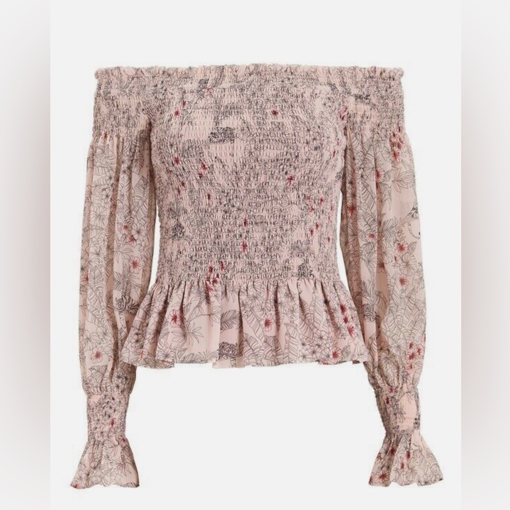 ALEXIS INTERMIX JORDANA PINK GREY FLORAL SMOCKED OFF SHOULDER TOP size medium